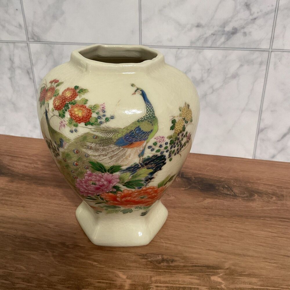 Vintage Peacock Vase Japanese Peacock Vase Crackle Glaze Peacock With Florals